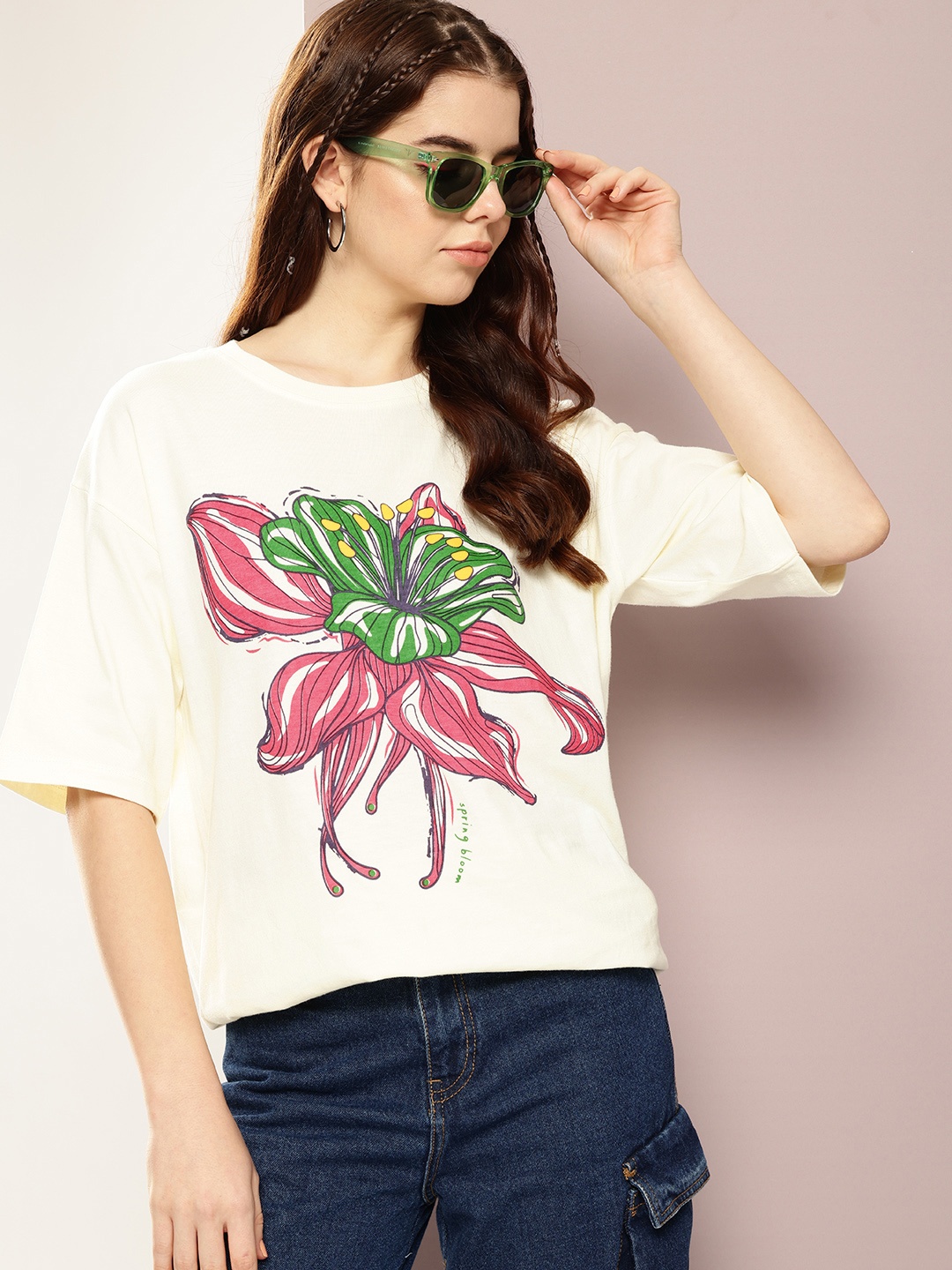 

Kook N Keech Floral Printed Drop-Shoulder Sleeves Pure Cotton Oversized T-shirt, Cream