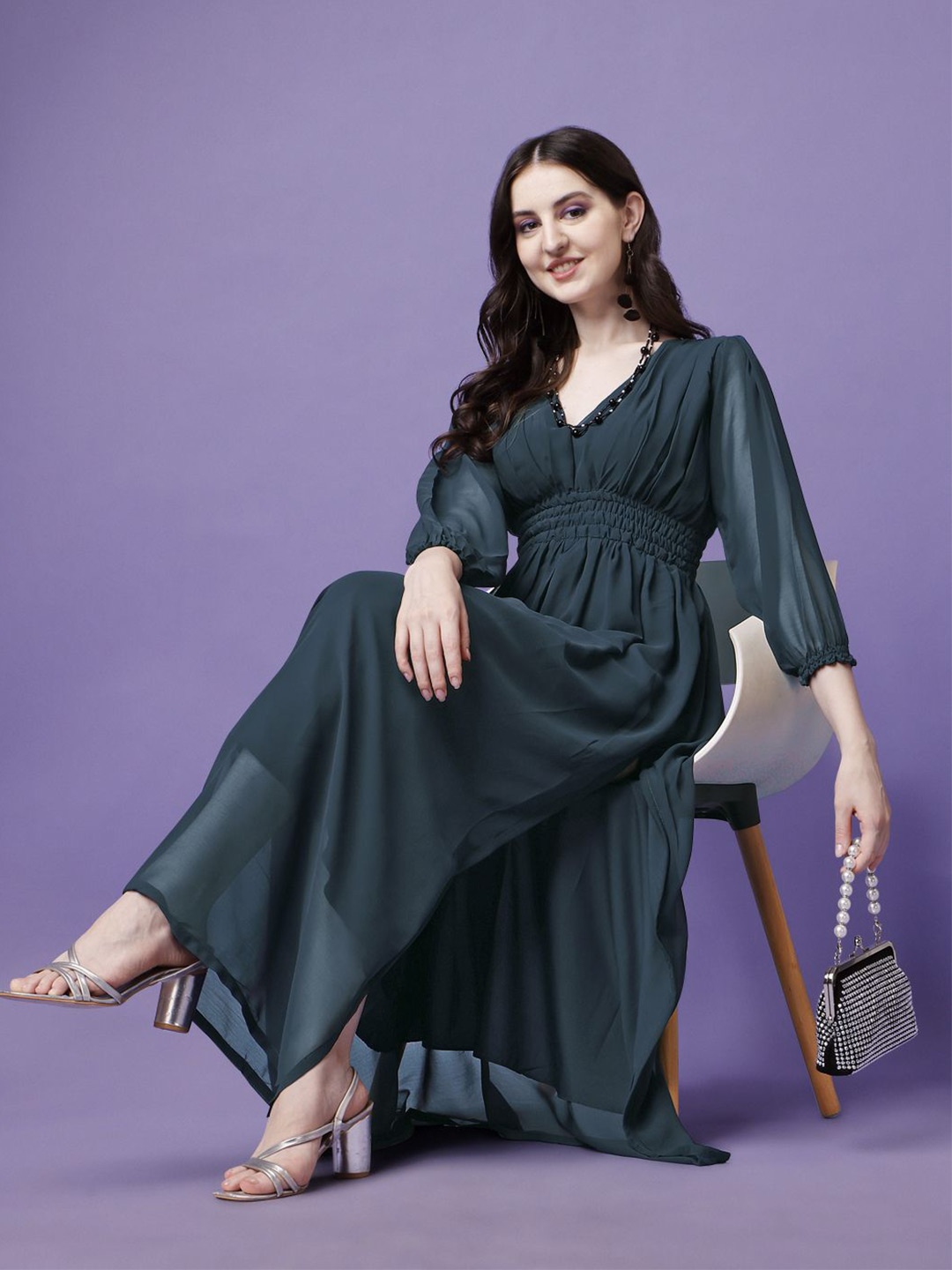 

Raiyani Enterprise Applique Georgette Fit & Flare Maxi Dress, Blue