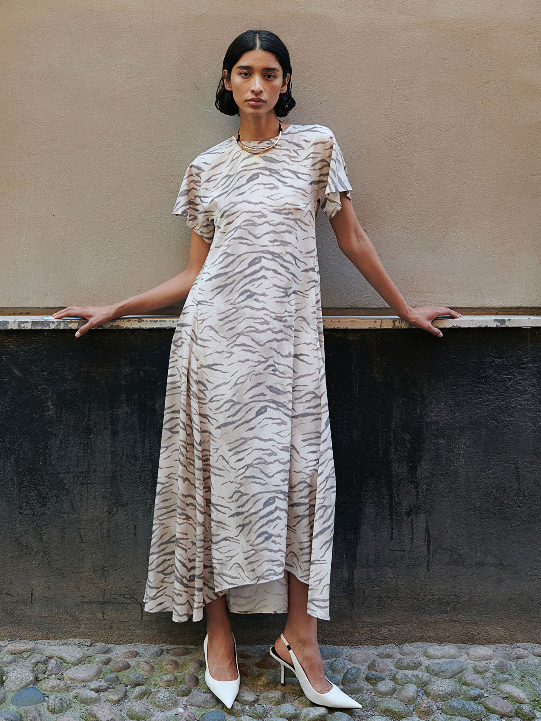

H&M Printed Flared-Skirt Dress, Off white