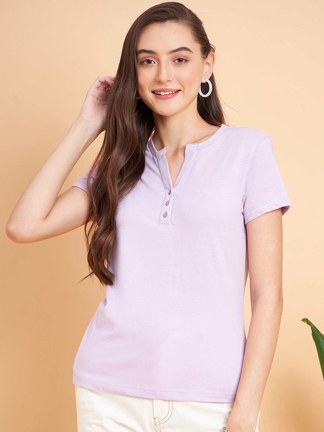

MINT STREET Women Lavender Henley Neck Pockets T-shirt