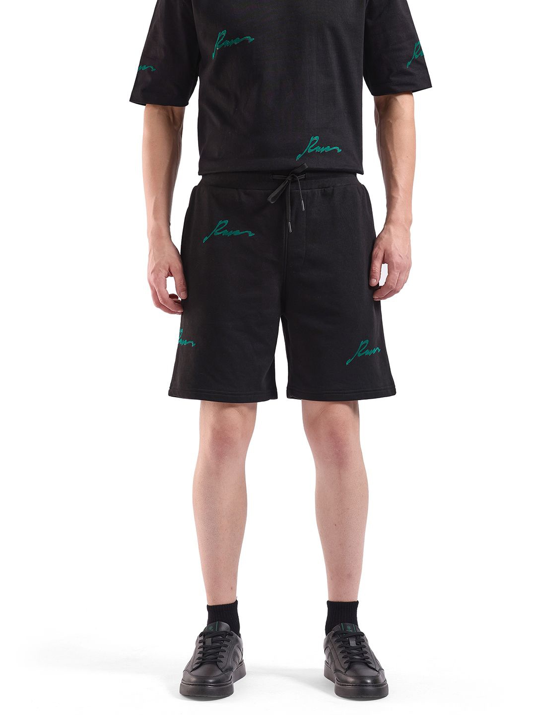 

RARE RABBIT Men Printed Mid-Rise Cotton Shorts, Black