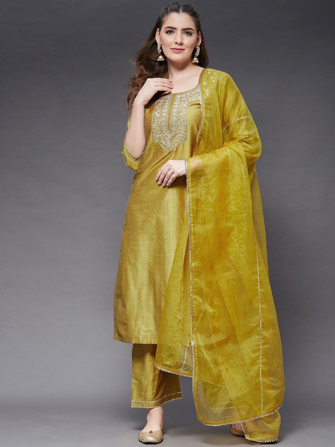 

Azira Ethnic Motifs Yoke Design Regular Straight Kurta with Palazzos & Dupatta, Mustard