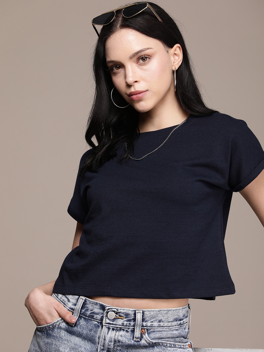 

The Roadster Lifestyle Co. Women Drop-Shoulder Sleeves Boxy T-shirt, Navy blue