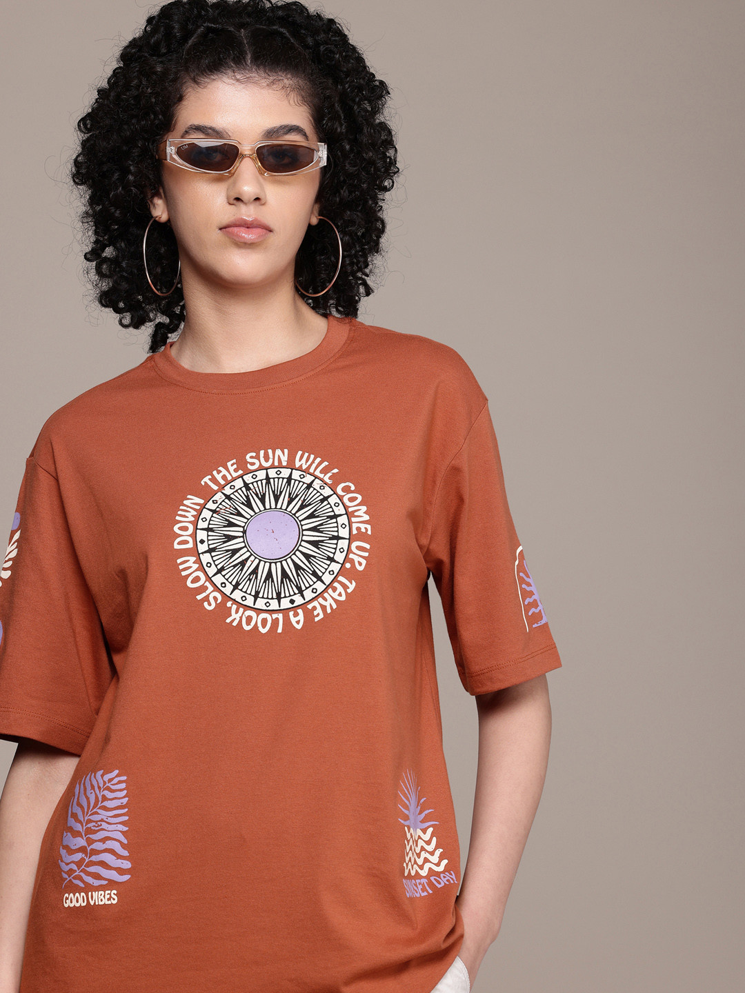 

The Roadster Life Co. Printed Drop-Shoulder Sleeves Oversized T-shirt, Brown
