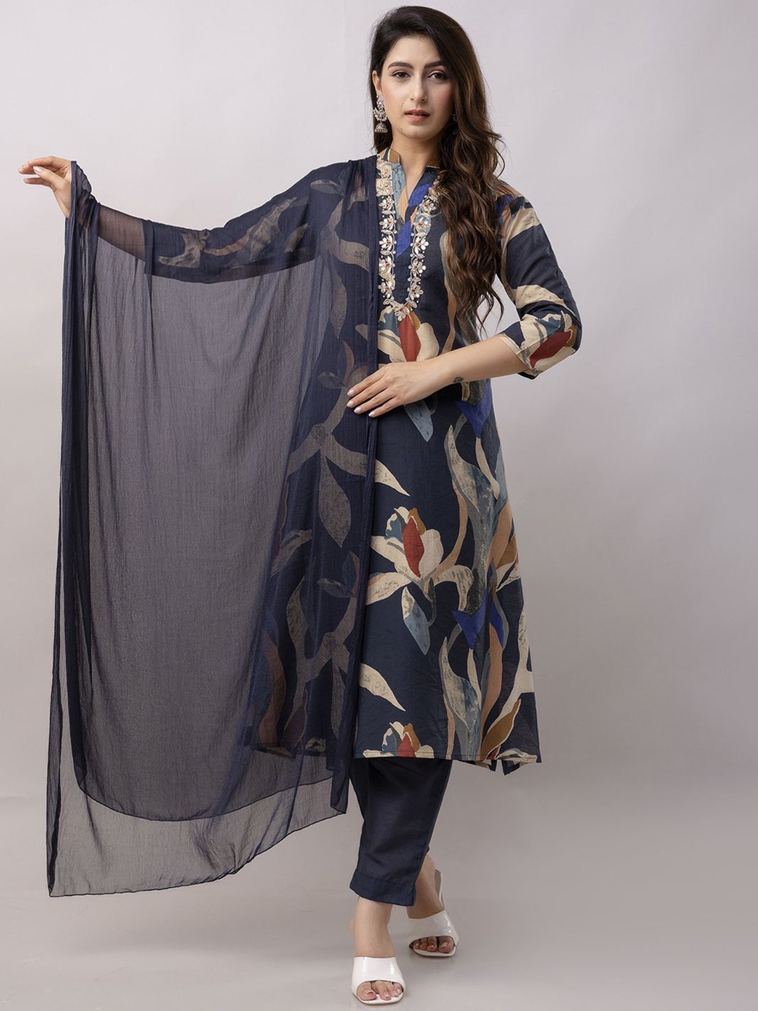 

KALINI Floral Printed Pure Silk Kurta With Trousers & Dupatta, Blue