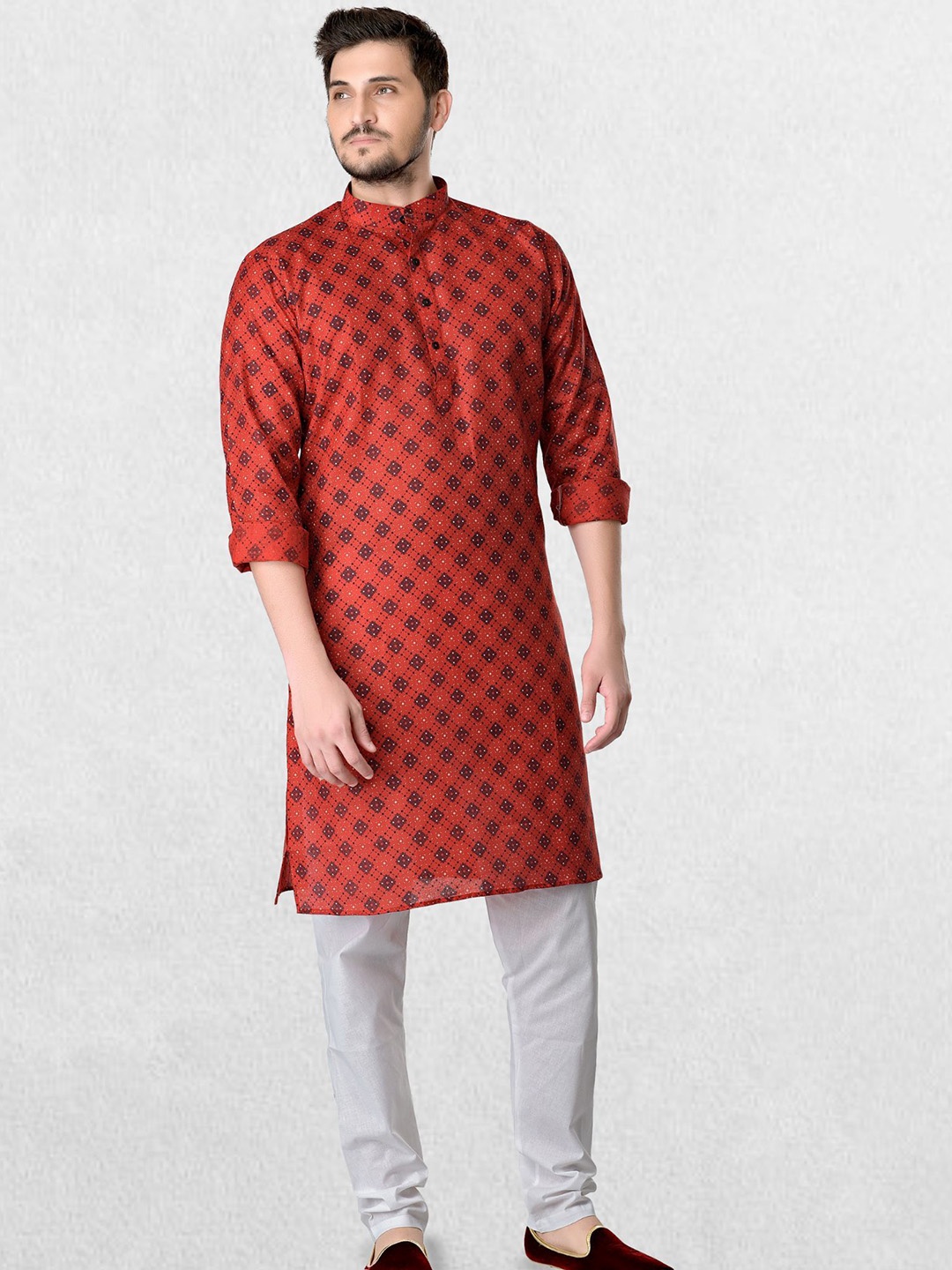 

ENCINO Geometric Printed Band Collar Cotton Straight Kurta, Red
