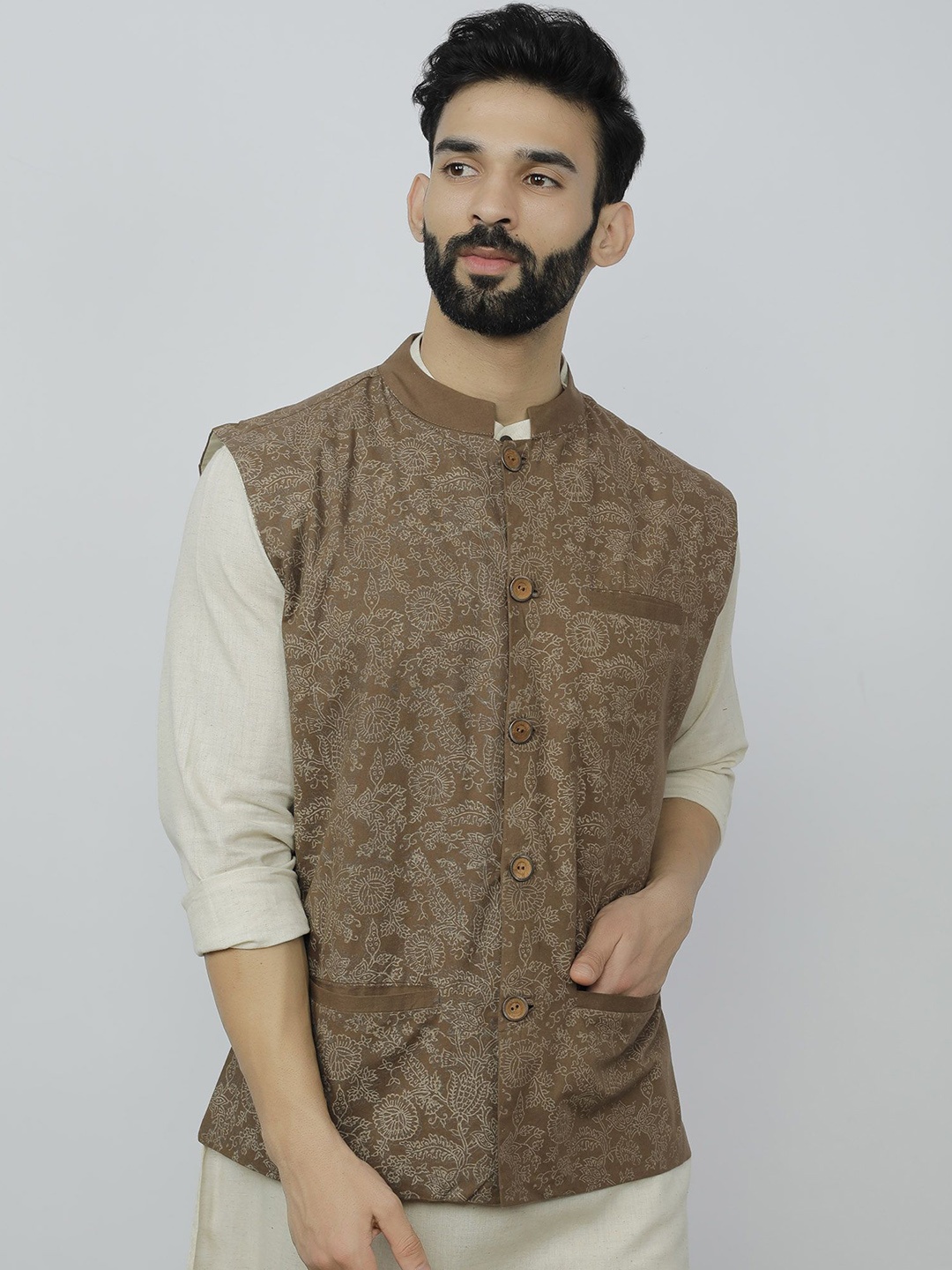 

TJORI Men Block Printed Pure Cotton Corduroy Nehru Jackets, Brown