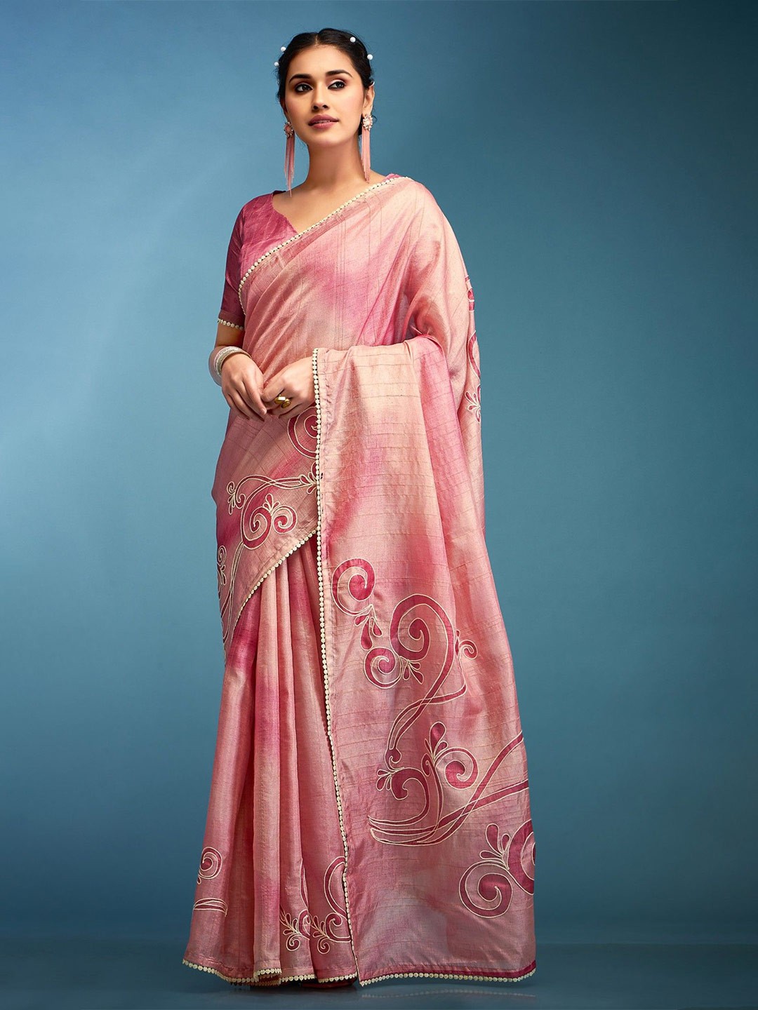 

MySilkLove Ethnic Motifs Printed Embroidered Tussar Saree, Pink