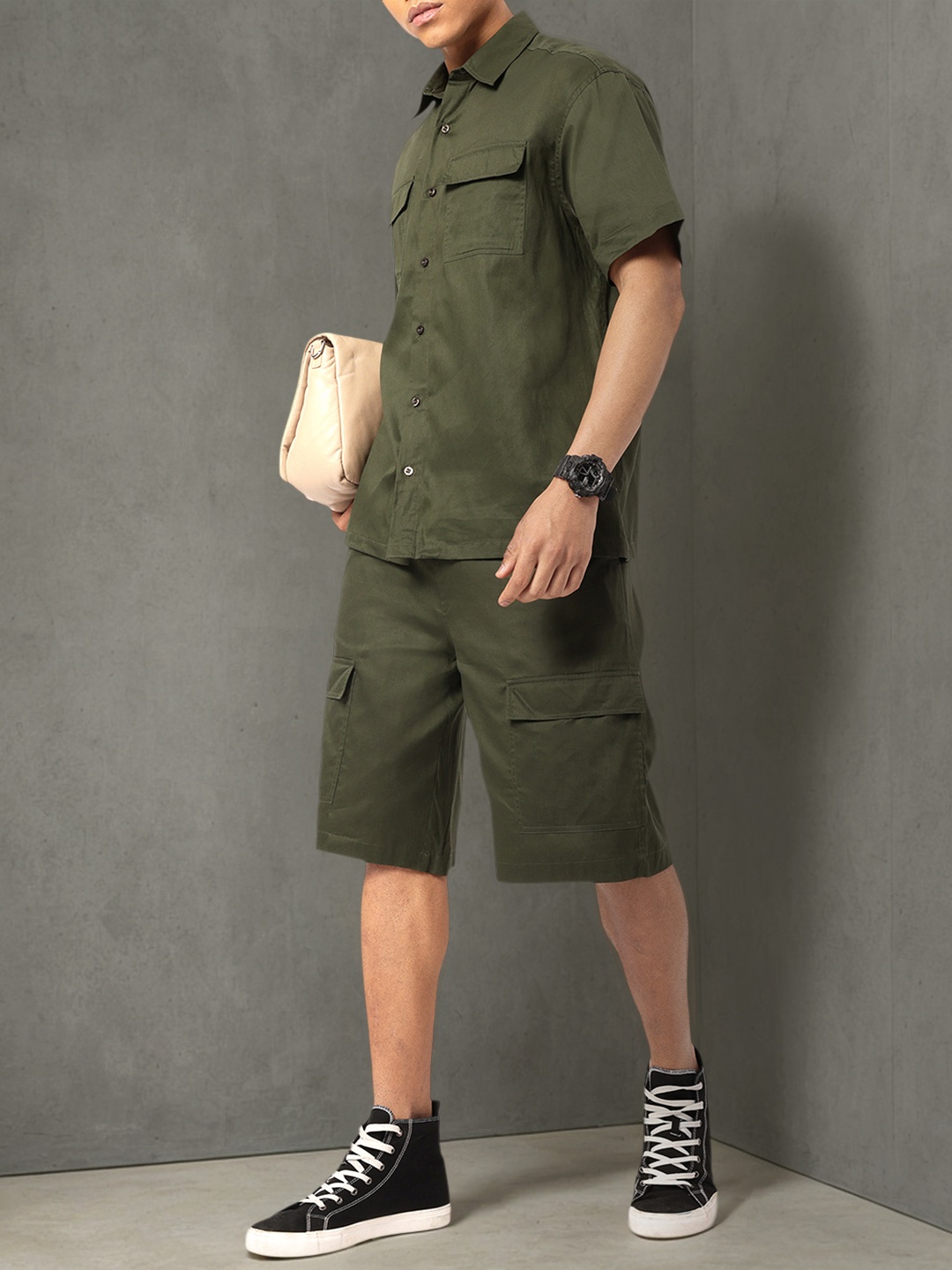 

Kook N Keech Functional Fashion Shirt with Cargo Shorts Co-ords, Olive