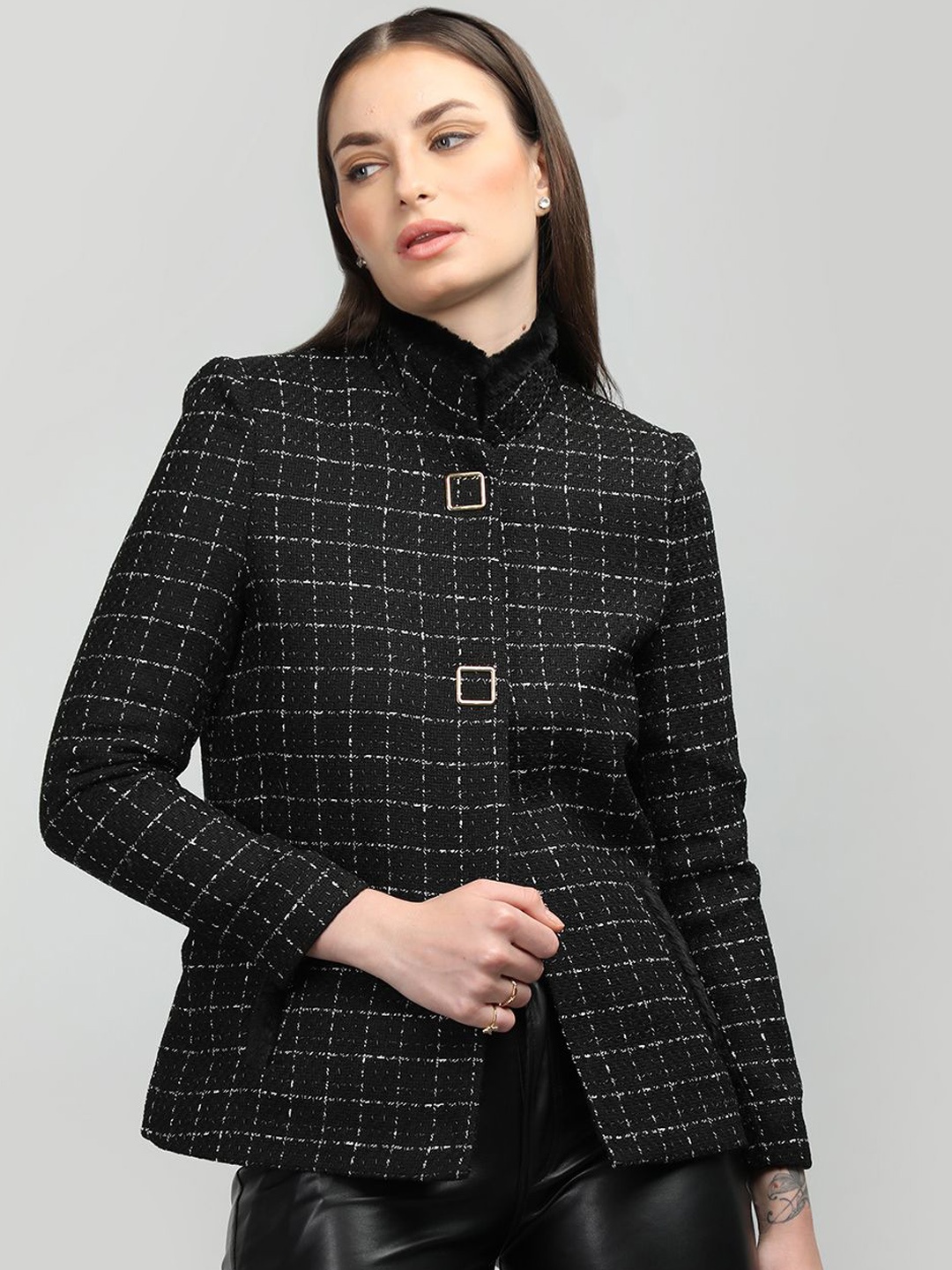 

HONNETE Women Stand Collar Checked Trench Coats, Black