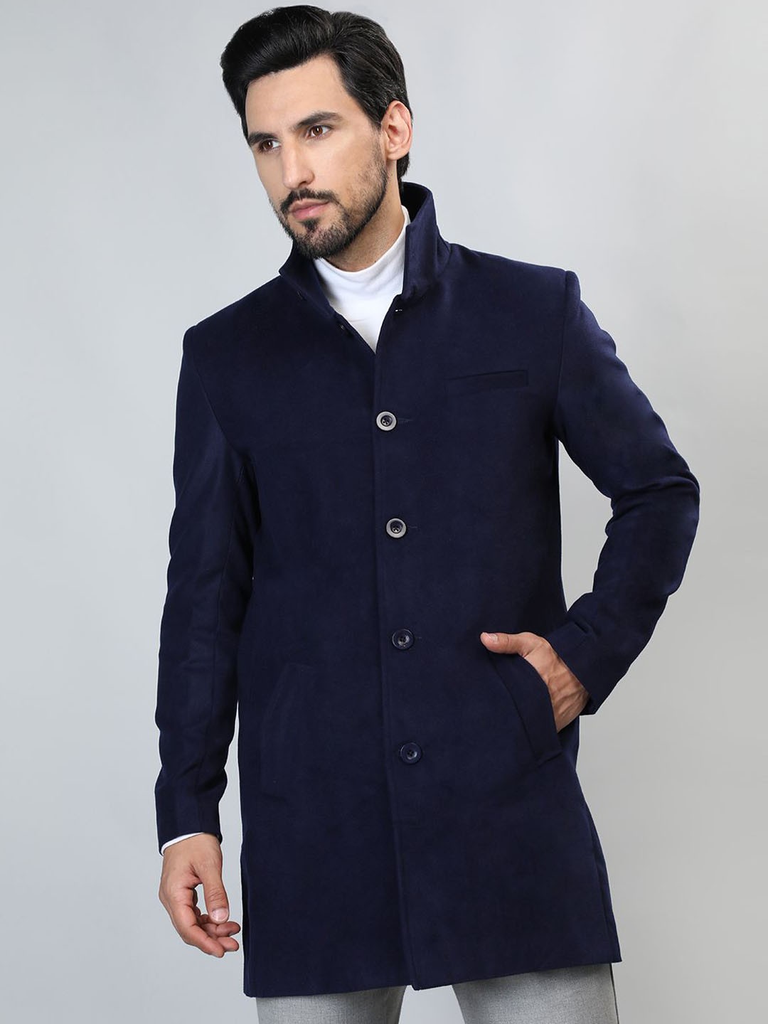 

HONNETE Men Mock Collar Longline Trench Coat, Navy blue
