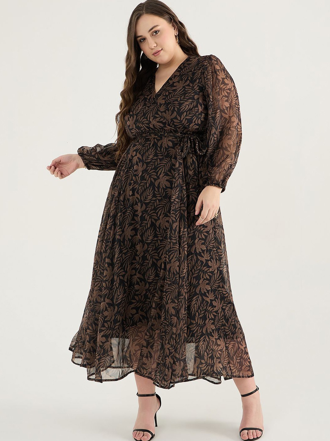 

FEMMELLA Women Tropical Printed Puff Sleeves Maxi Dress, Black