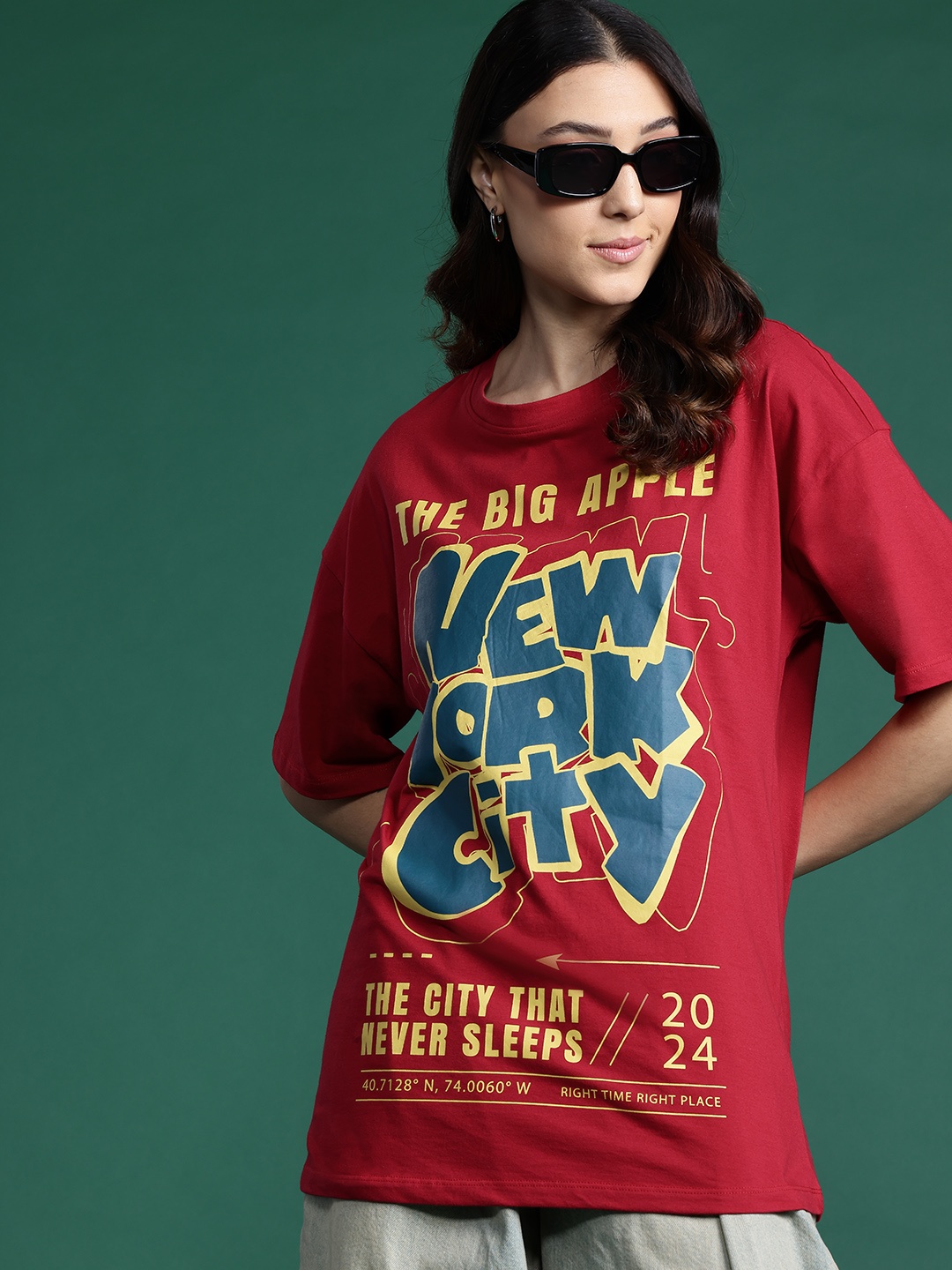 

DressBerry Typography Drop-Shoulder Sleeves Pure Cotton Oversized T-shirt, Red