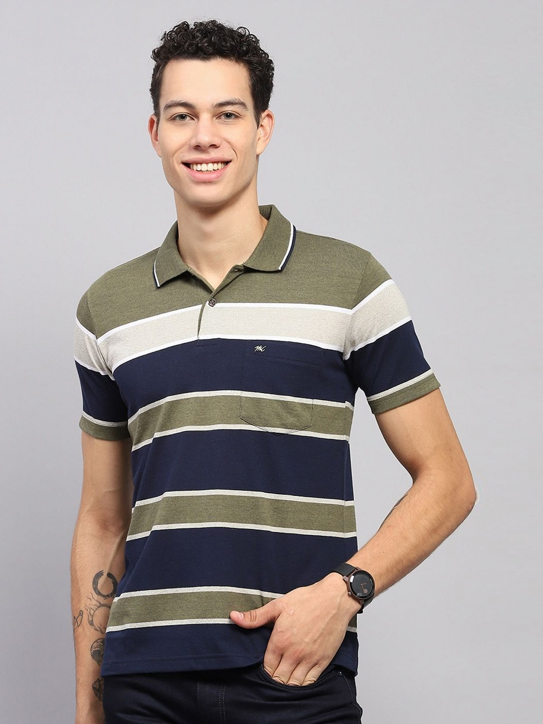 

Monte Carlo Men Striped Polo Collar Cotton T-shirt, Green