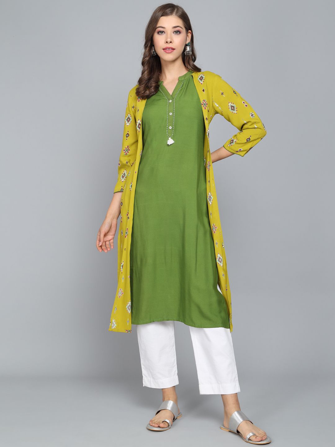 

Anouk Ethnic Motifs Printed Mandarin Collar Panelled Liva A-Line Kurta, Green