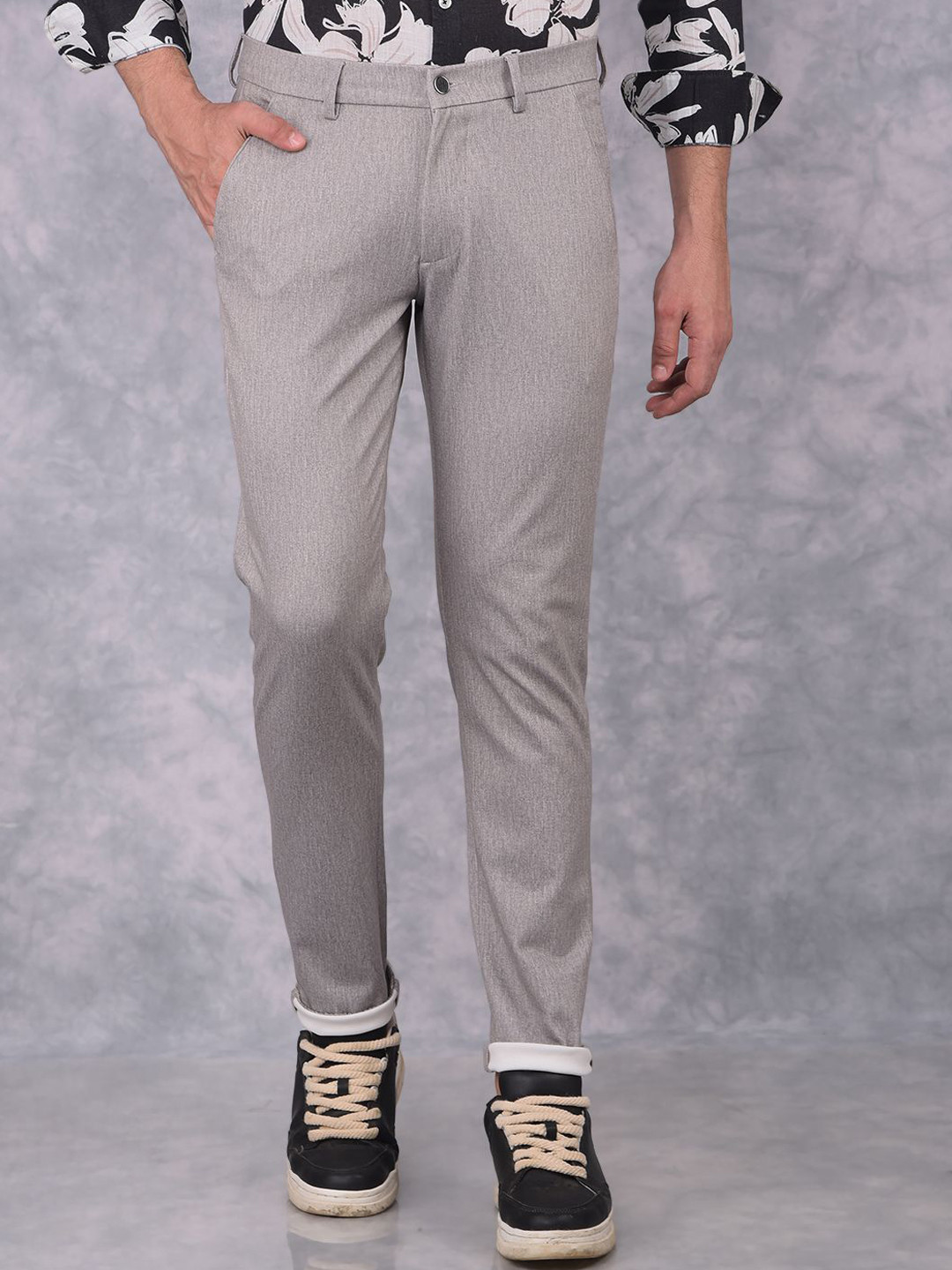 

Crimsoune Club Men Textured Printed Smart Slim Fit Chinos Trousers, Grey