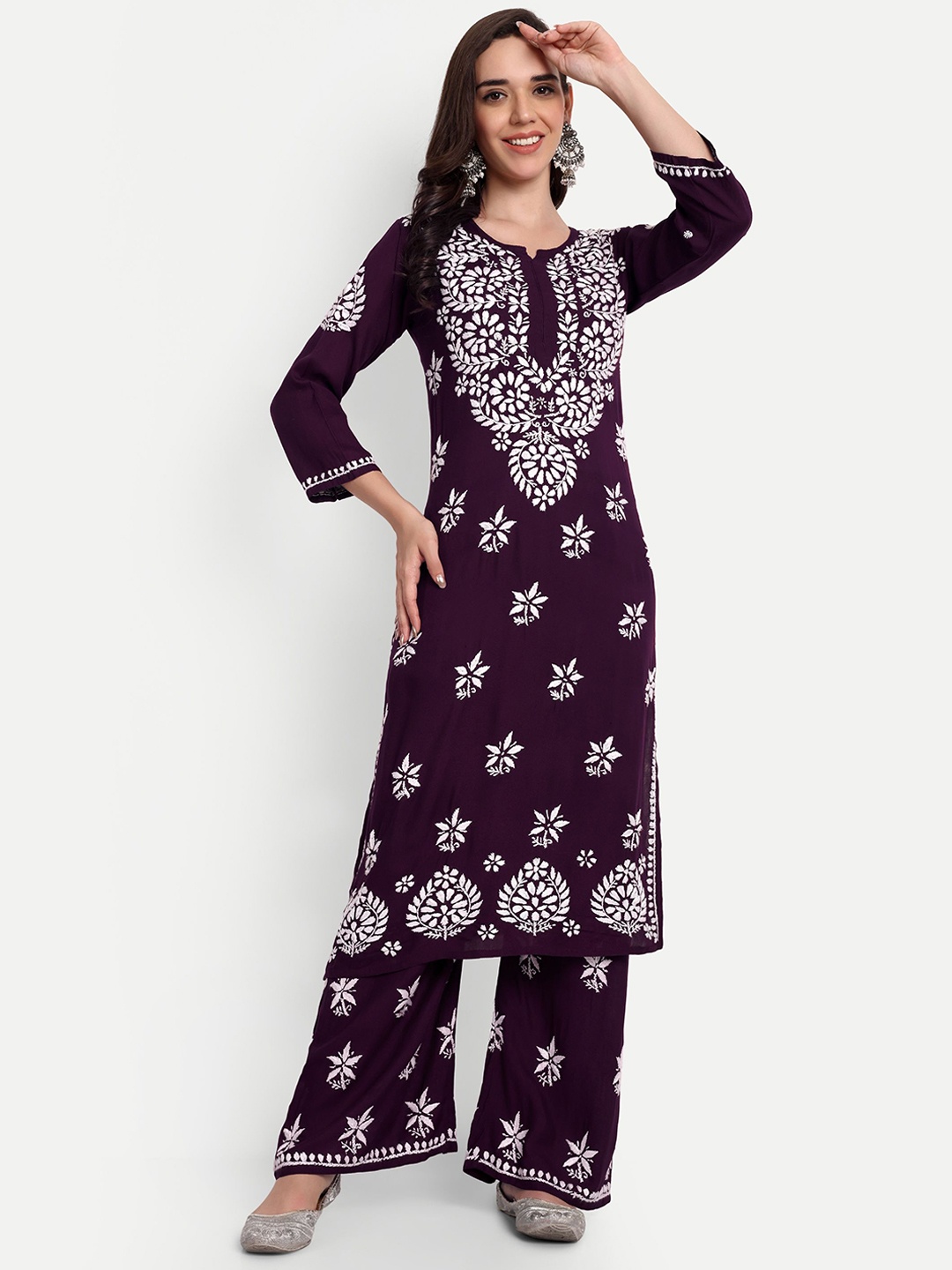 

Indiankala4u Ethnic Motifs Embroidered Chikankari Straight Kurta With Palazzos, Burgundy