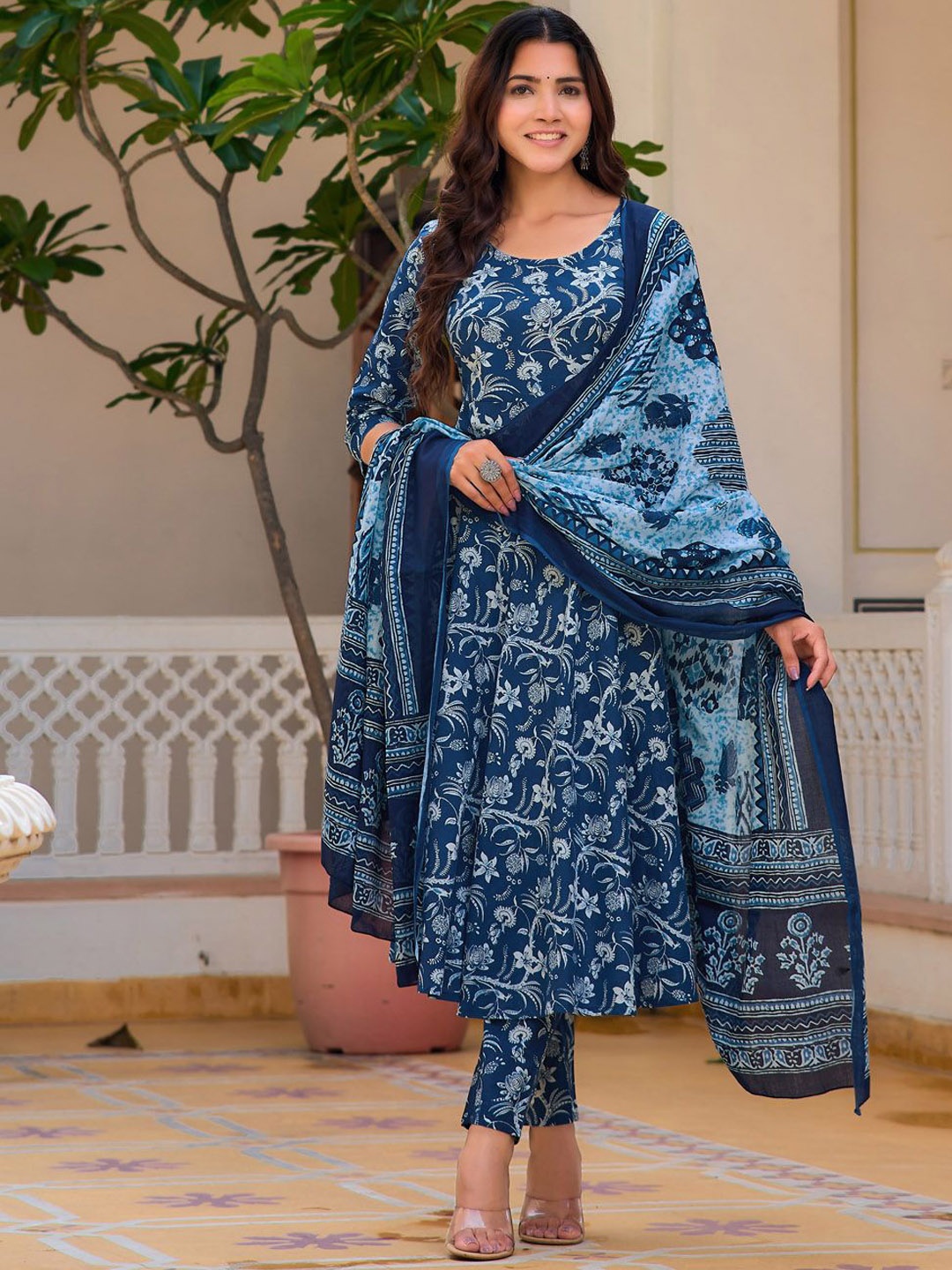 

KALINI Floral Printed Straight Pure Cotton Kurta with Trousers & Dupatta, Blue