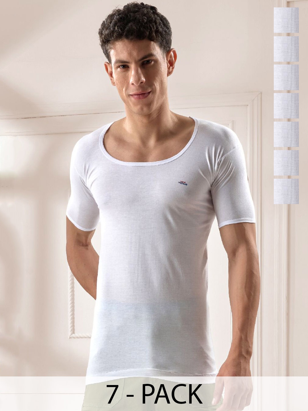 

LUX VENUS Pack of 7 Men Round Neck Cotton Vest, White