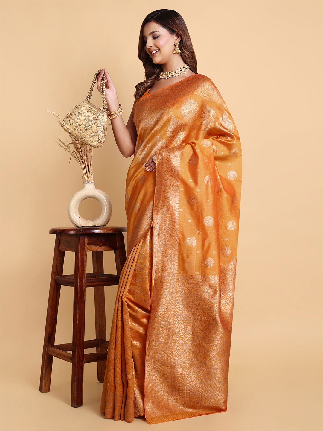 

Sarisp Women Woven Design Zari Pure Silk Banarasi Saree, Mustard