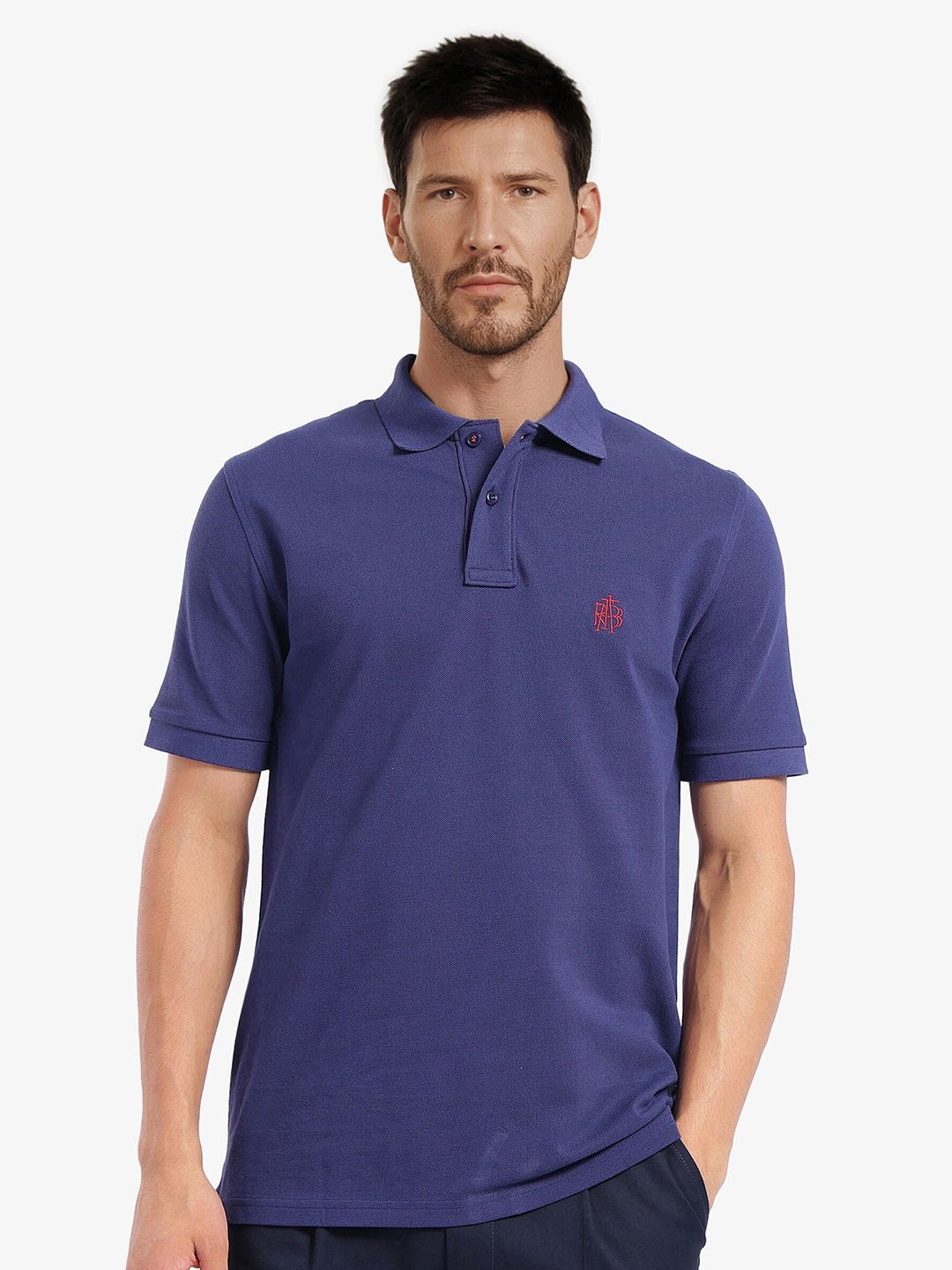 

RARE RABBIT Men Printed Polo Collar Raw Edge T-shirt, Blue