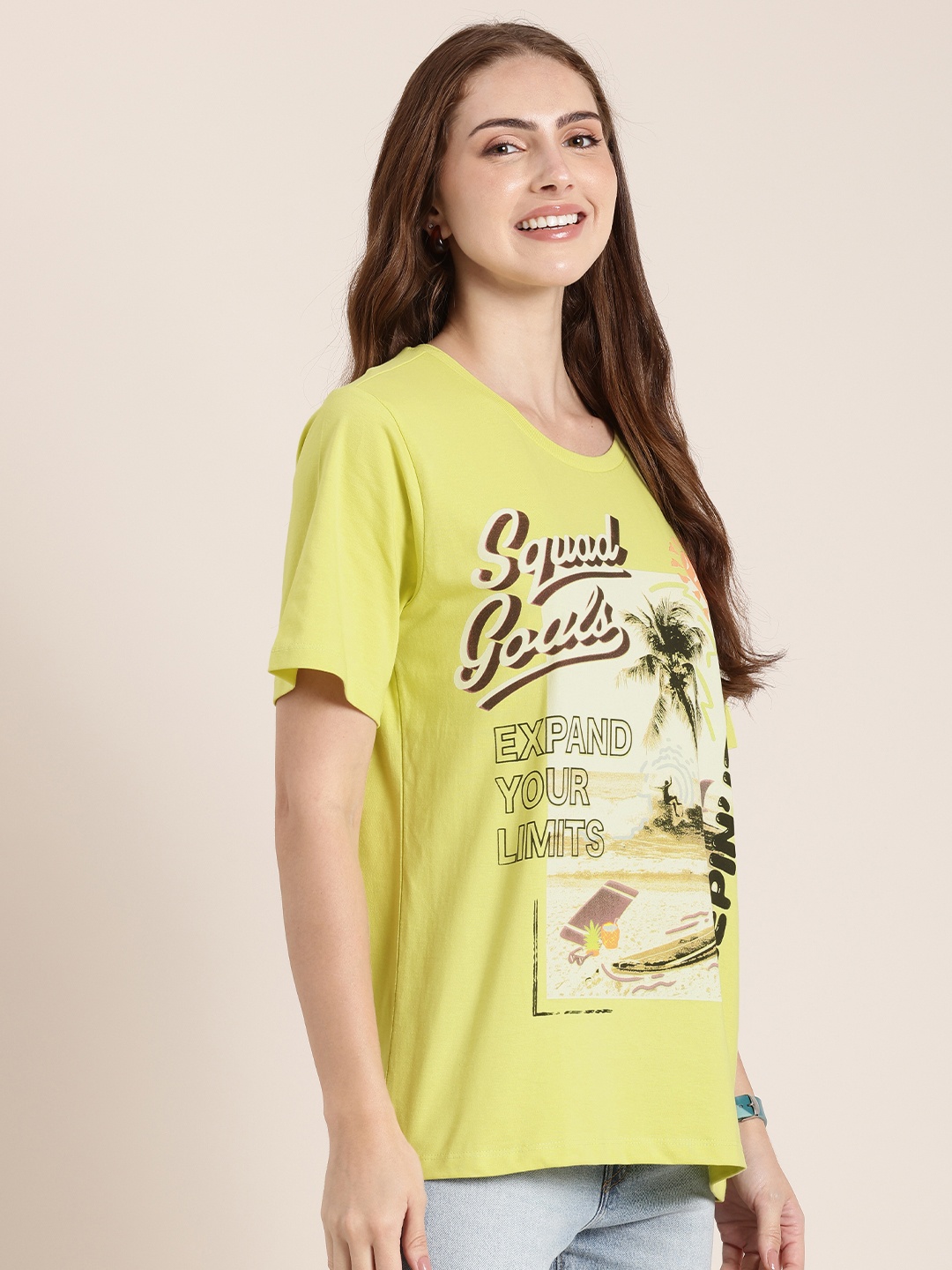 

HERE&NOW Pure Cotton Graphic Printed T-shirt, Fluorescent green