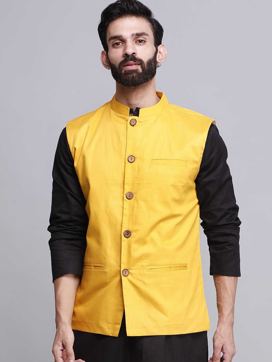 

TJORI Men Cotton Corduroy Nehru Jackets, Yellow