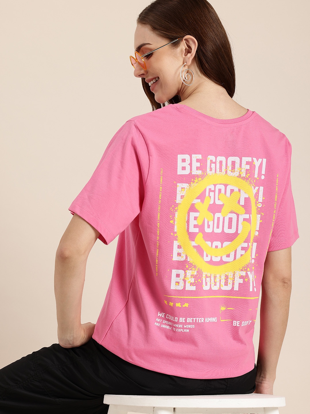 

HERE&NOW Typography Printed Drop-Shoulder Sleeves Pure Cotton T-shirt, Pink