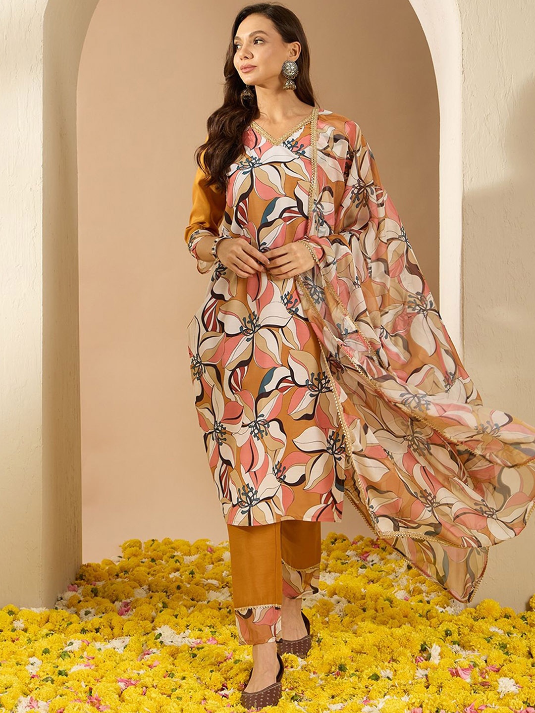 

ZIYAA Floral Printed V-Neck Regular Straight Kurta With Trouser With Dupatta, Mustard