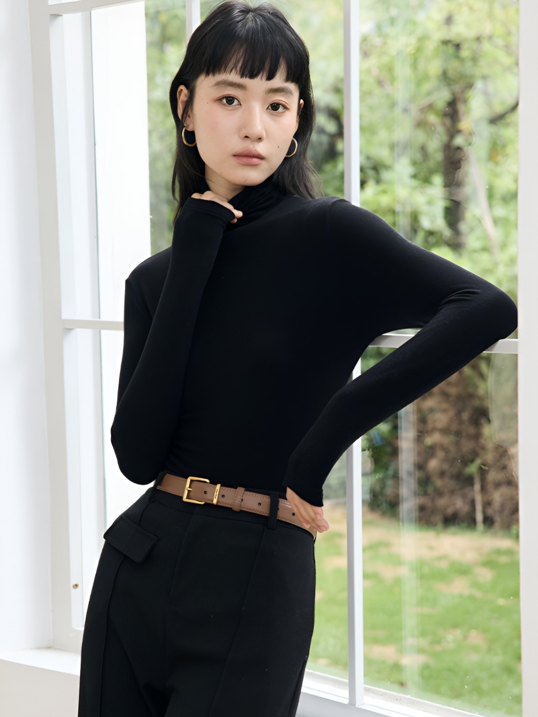 

LULU & SKY Women Solid High Neck Acrylic T-shirt, Black