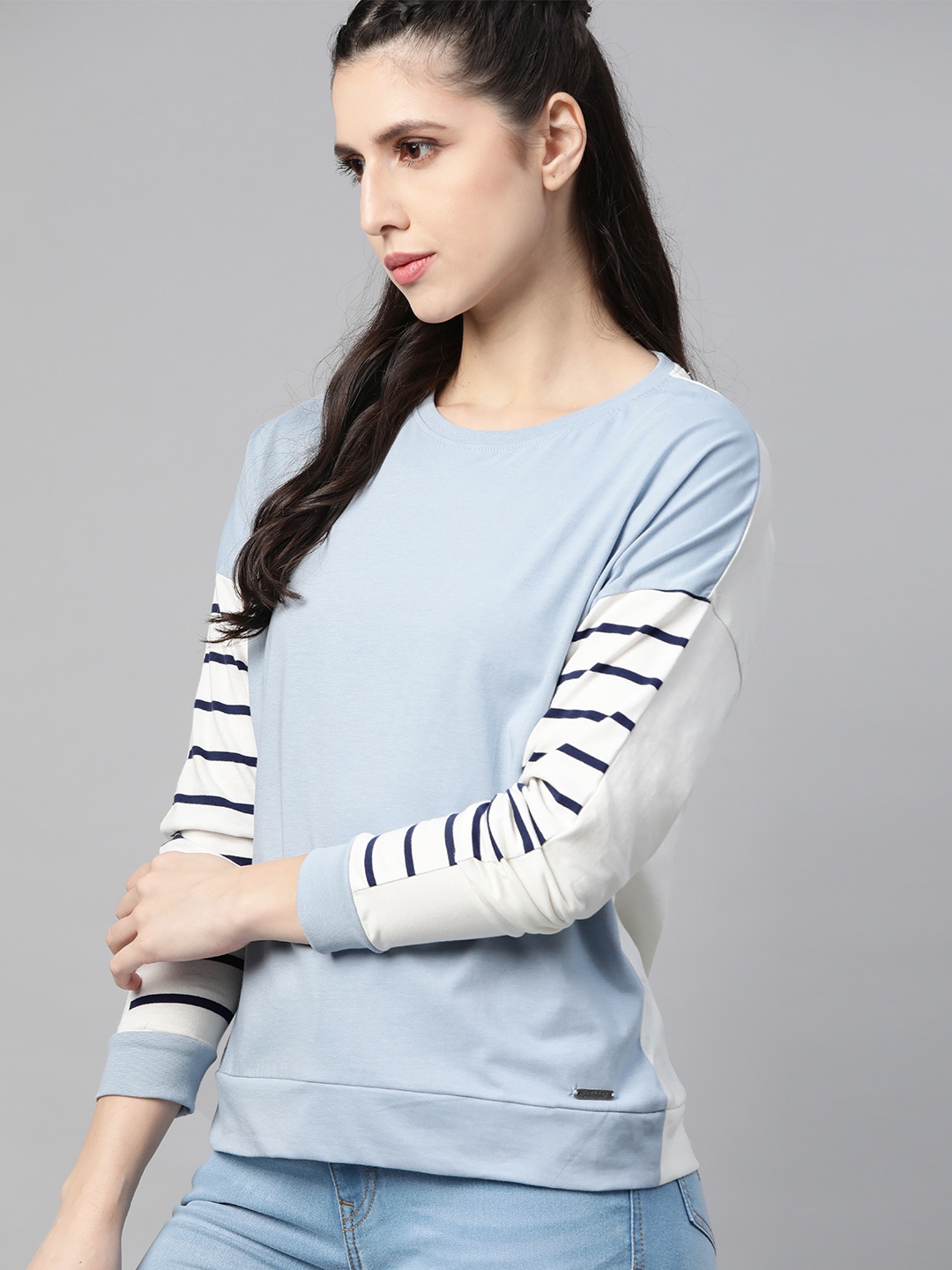 

The Roadster Lifestyle Co Women Blue Pure Cotton Solid Extended Sleeves T-shirt