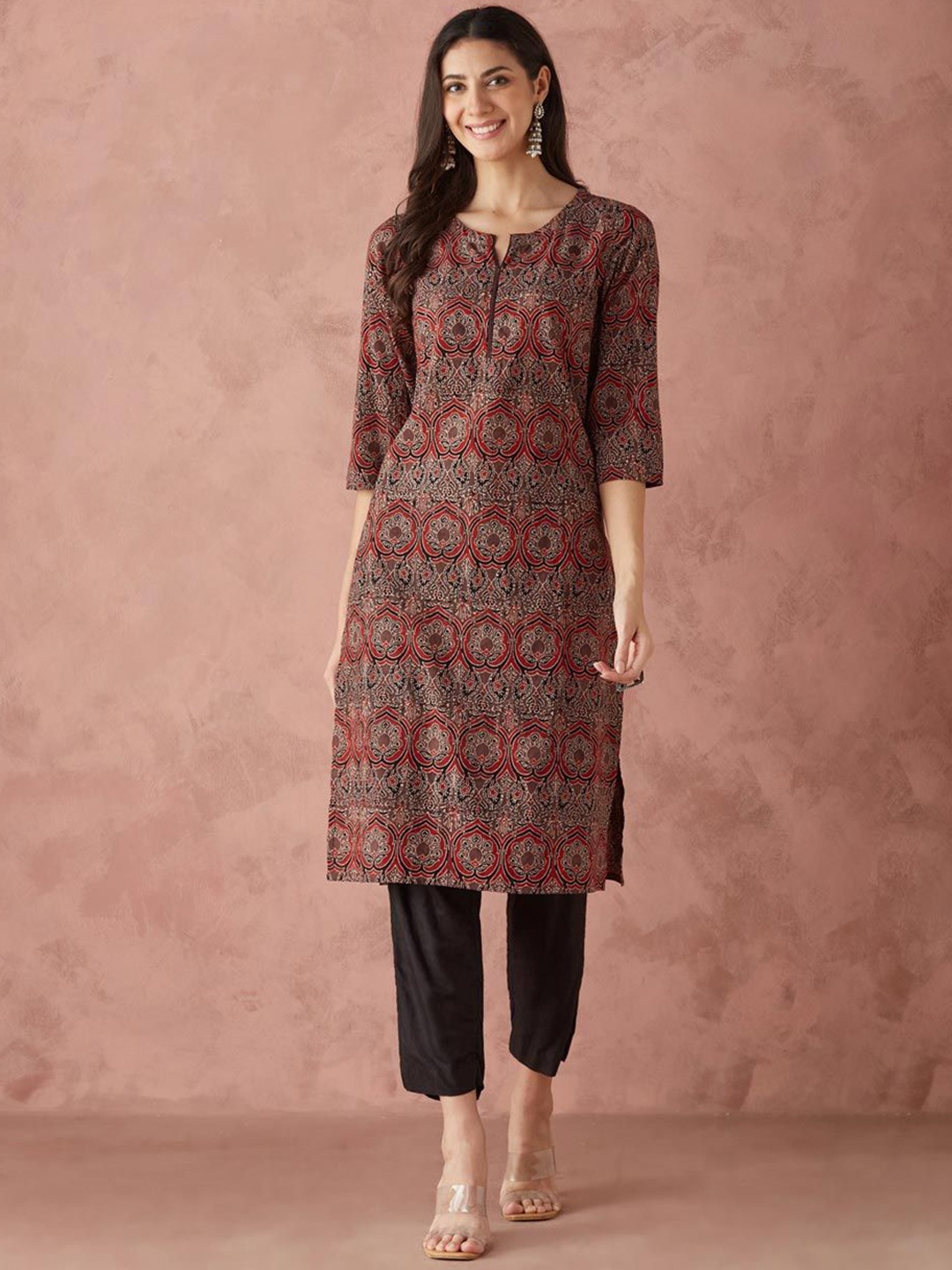 

Fabindia Ethnic Motifs Printed Cotton Straight Kurta, Maroon