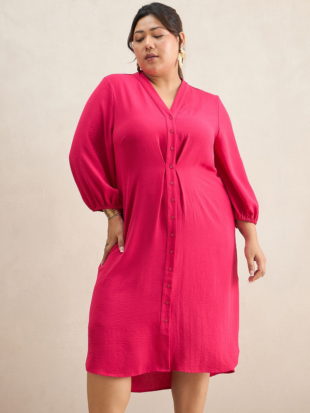 

FEMMELLA Puff Sleeve Button Down Shirt Dress, Pink