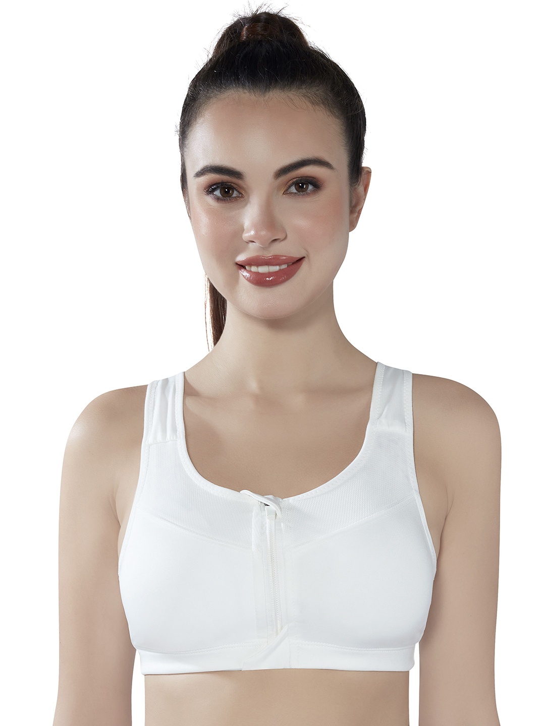 

PLUMBURY Full Coverage Lightly Padded Front Zip Adjustable Strap Workout Sports Bra, White