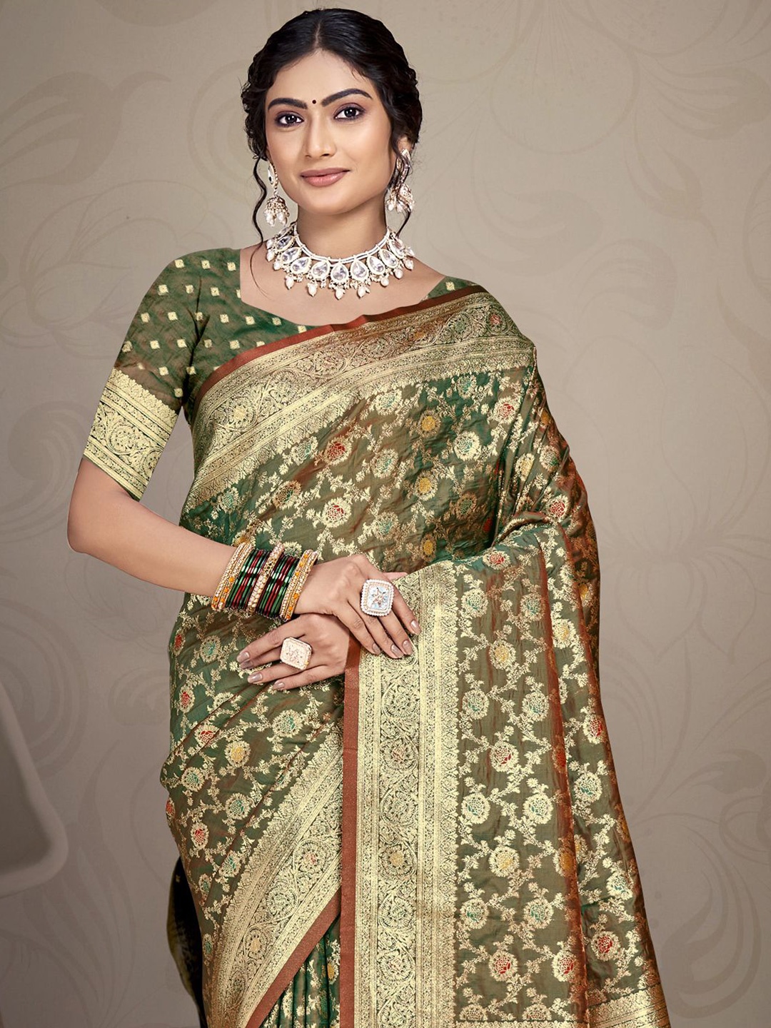 

Ishin Woven Design Zari Silk Blend Saree, Olive