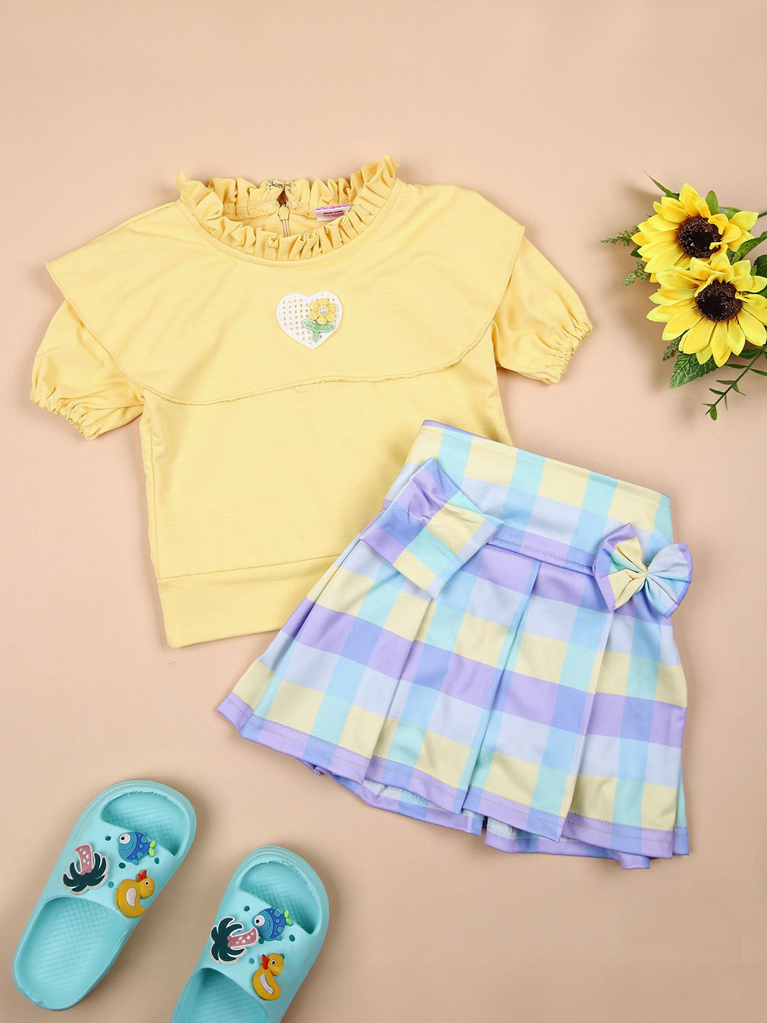 

V-Mart Girls Round Neck Top with Skirt, Yellow