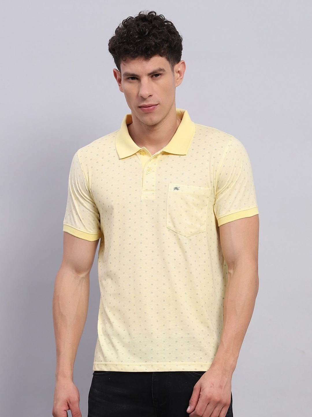 

Monte Carlo Men Geometric Printed Polo Collar Cotton T-shirt, Yellow