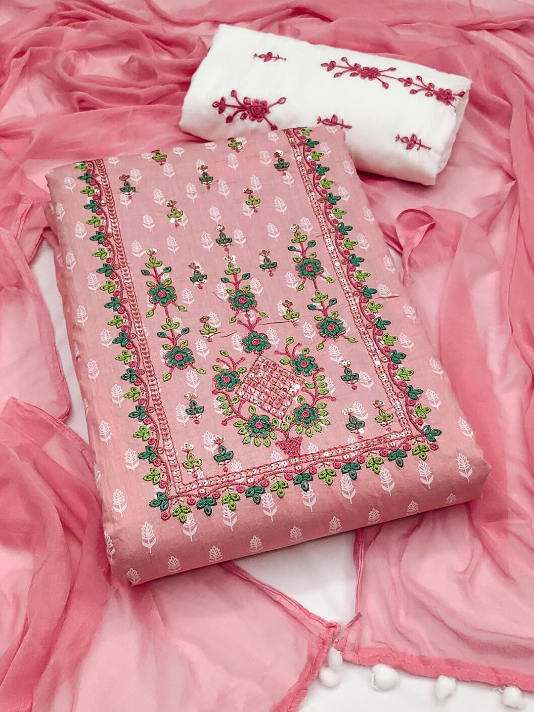 

Peachmode Ethnic Motifs Printed Pure Cotton Unstitched Dress Material, Pink
