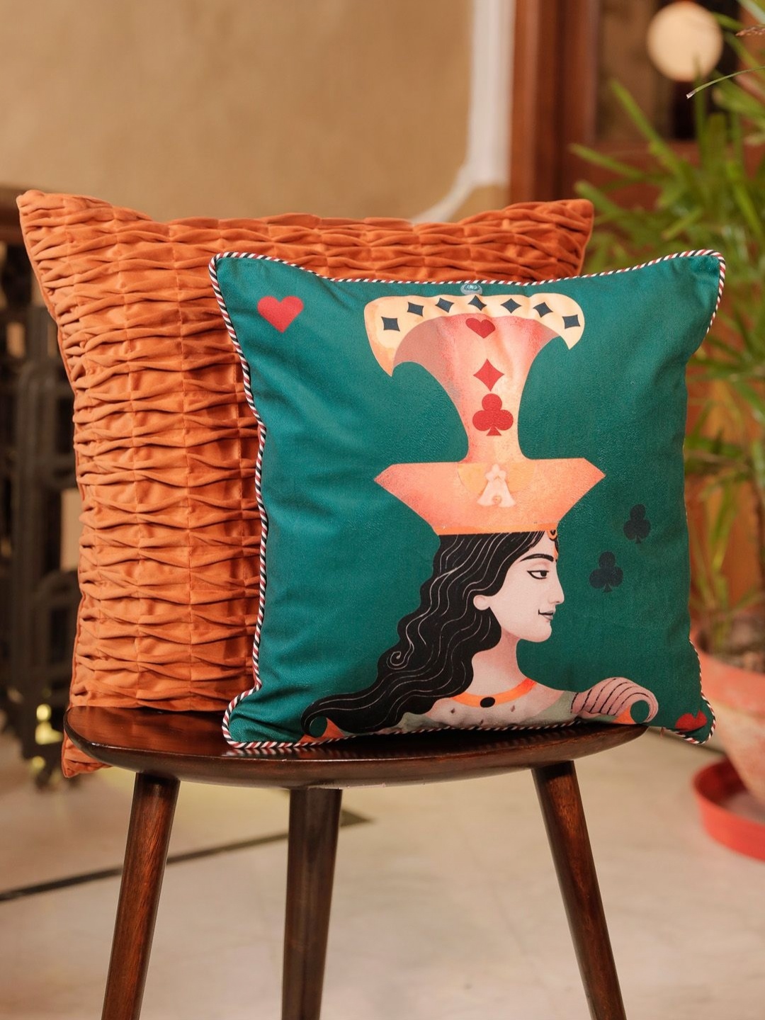 

ONSETHOMES Jashn Green & Pink Printed Velvet Square Cushion Cover