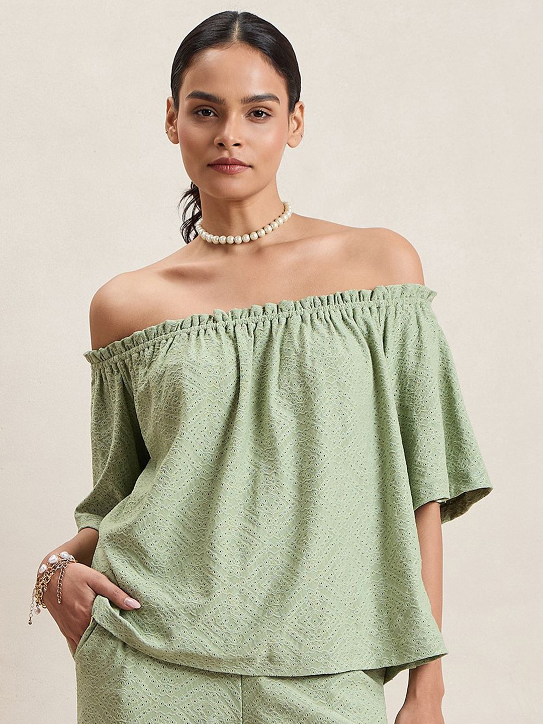 

FEMMELLA Women Self Design Off-Shoulder Top, Green