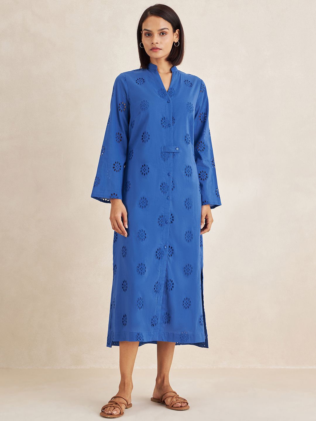 

Femella Women Embroidered Long Sleeves A-Line Midi Dress, Blue