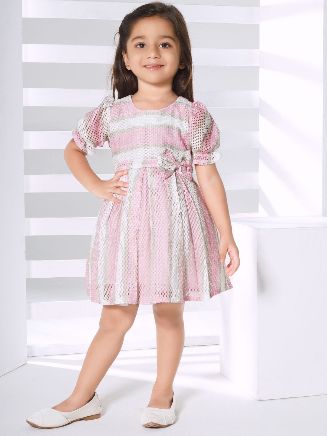 

Peppermint Striped Puff Sleeve Fit & Flare Dress, Multi
