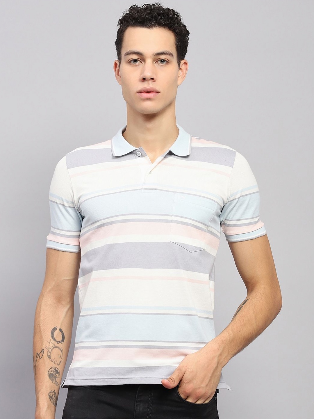 

Monte Carlo Men Striped Polo Collar Cotton T-shirt, Blue