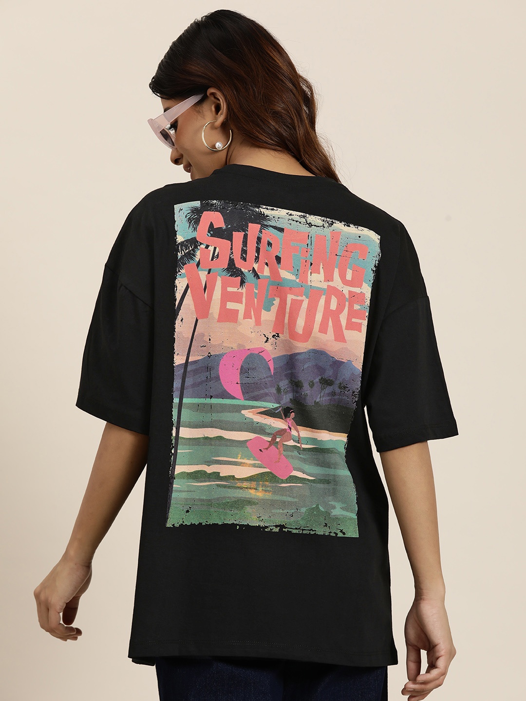 

HERE&NOW Printed Drop-Shoulder Relaxed Fit Pure Cotton T-shirt, Black