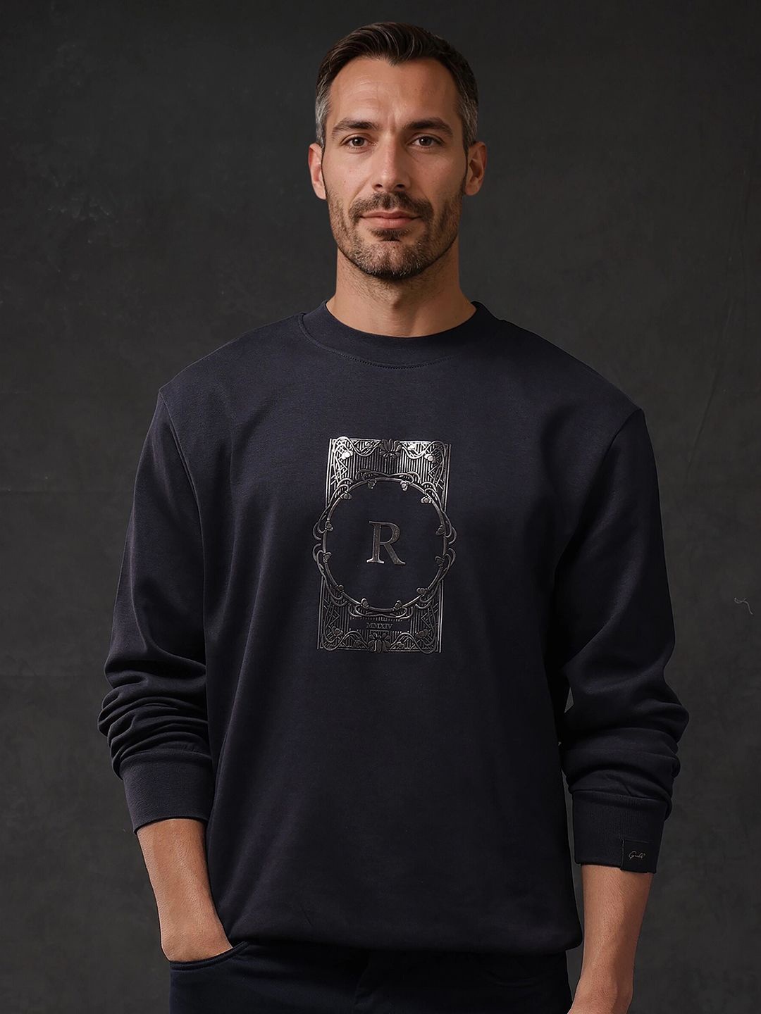 

RARE RABBIT Men Graphic Printed Cotton Sweatshirt, Navy blue