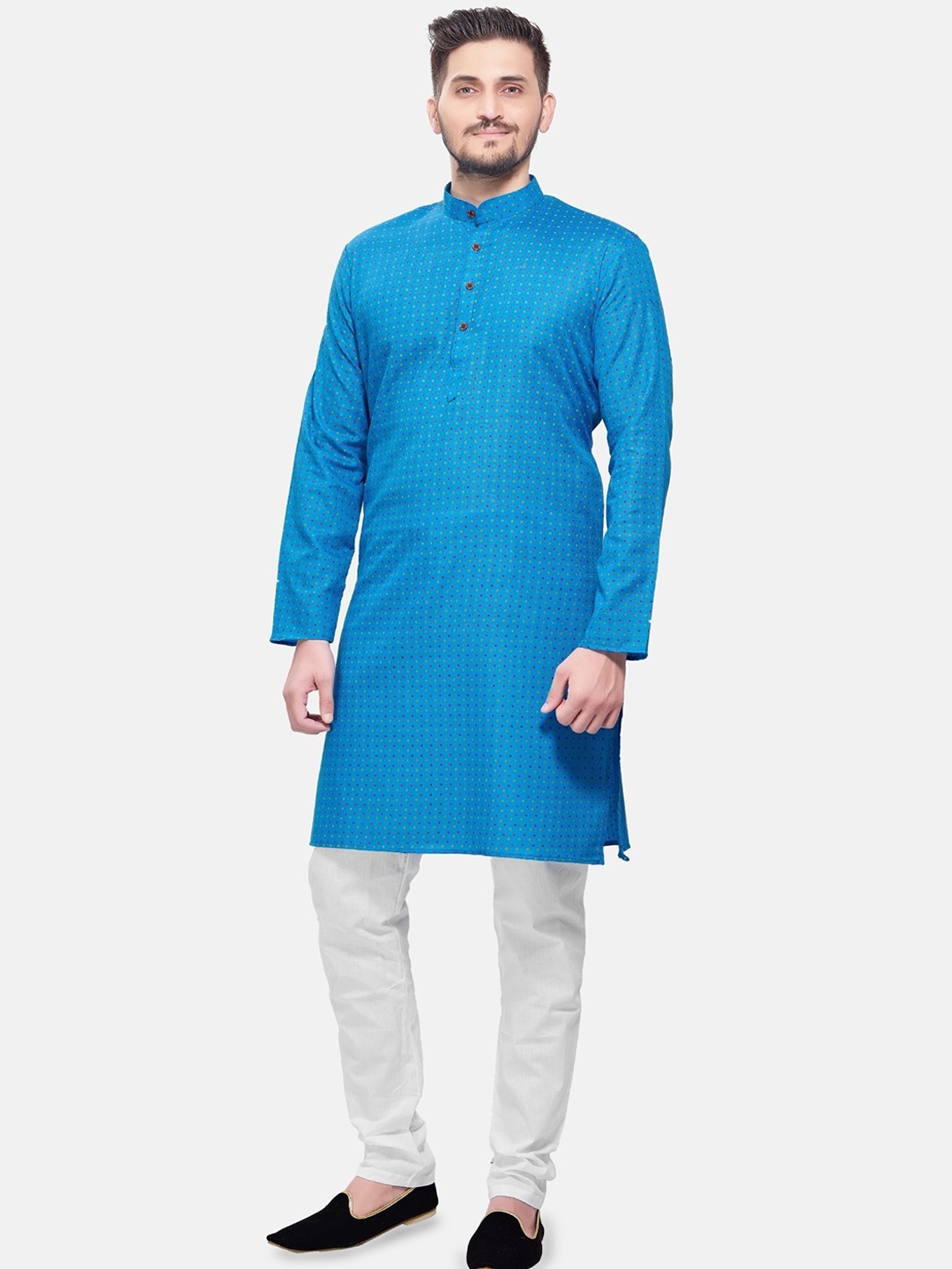 

ENCINO Polka Dots Printed Band Collar Cotton Kurta, Blue