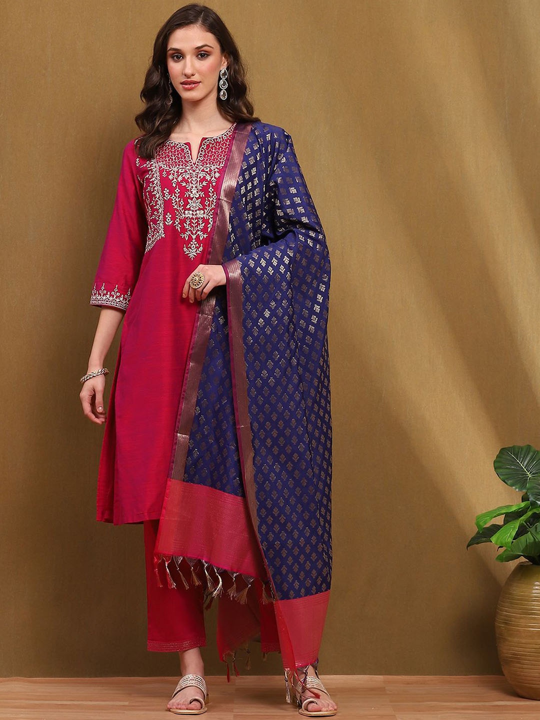 

Biba Ethnic Motifs Embroidered Straight Kurta With Palazzos & Dupatta, Magenta