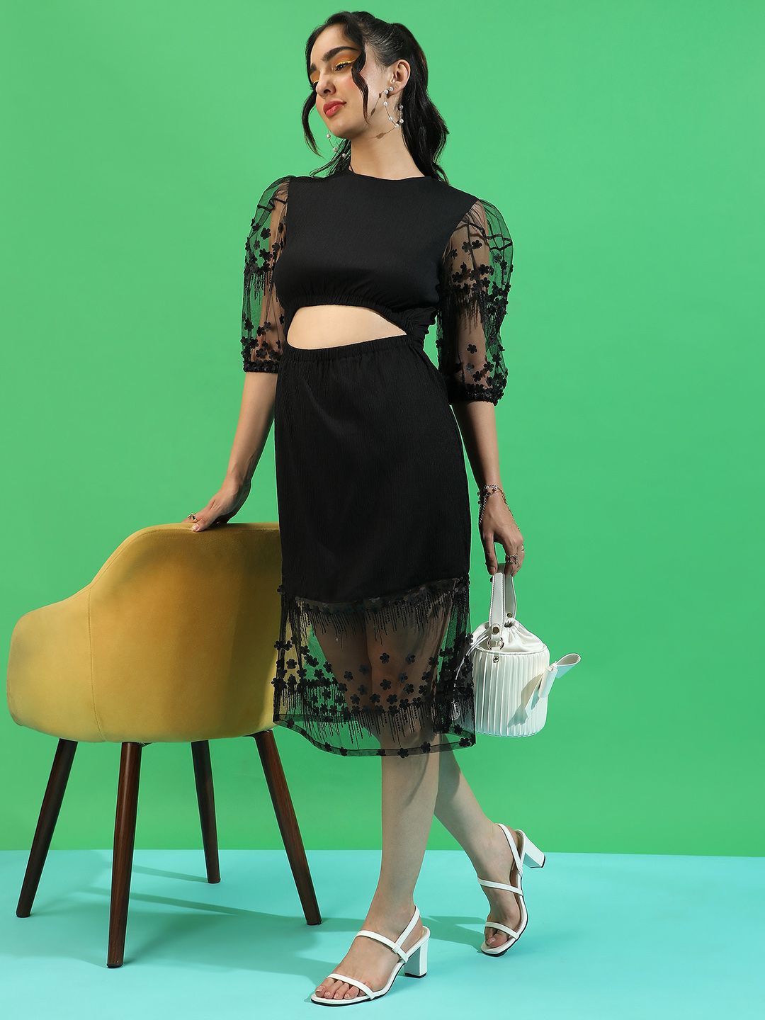 

PINACOLADA Women Self-design A-Line Midi Dress, Black