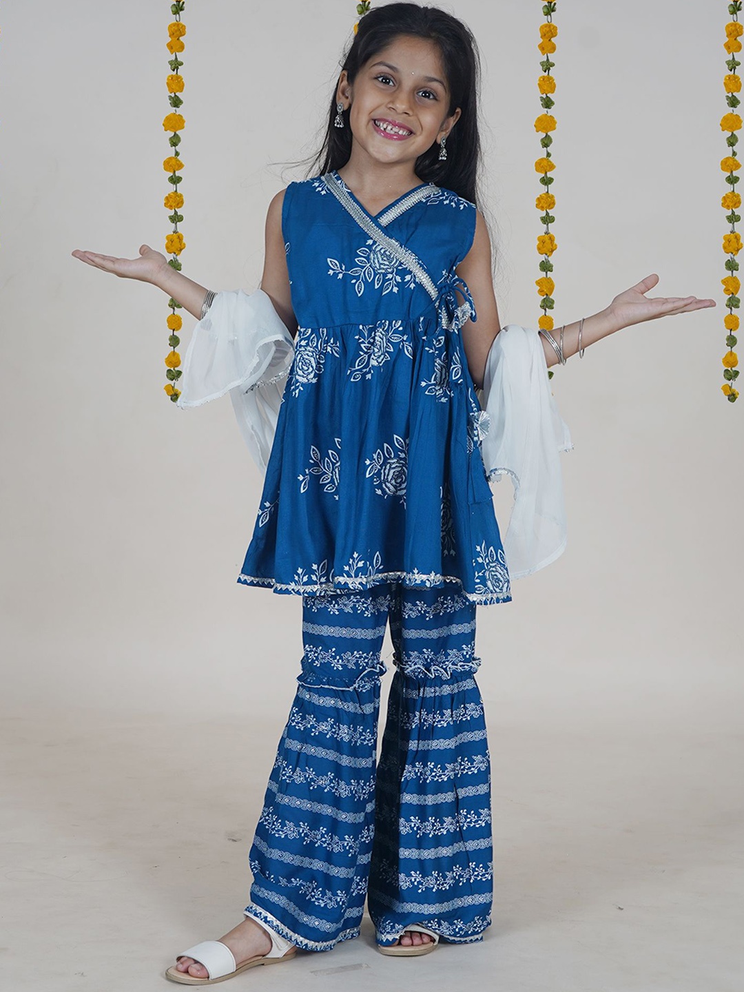 

KiddoPanti Girls Floral Printed Angrakha Anarkali Kurti With Sharara & Dupatta, Blue