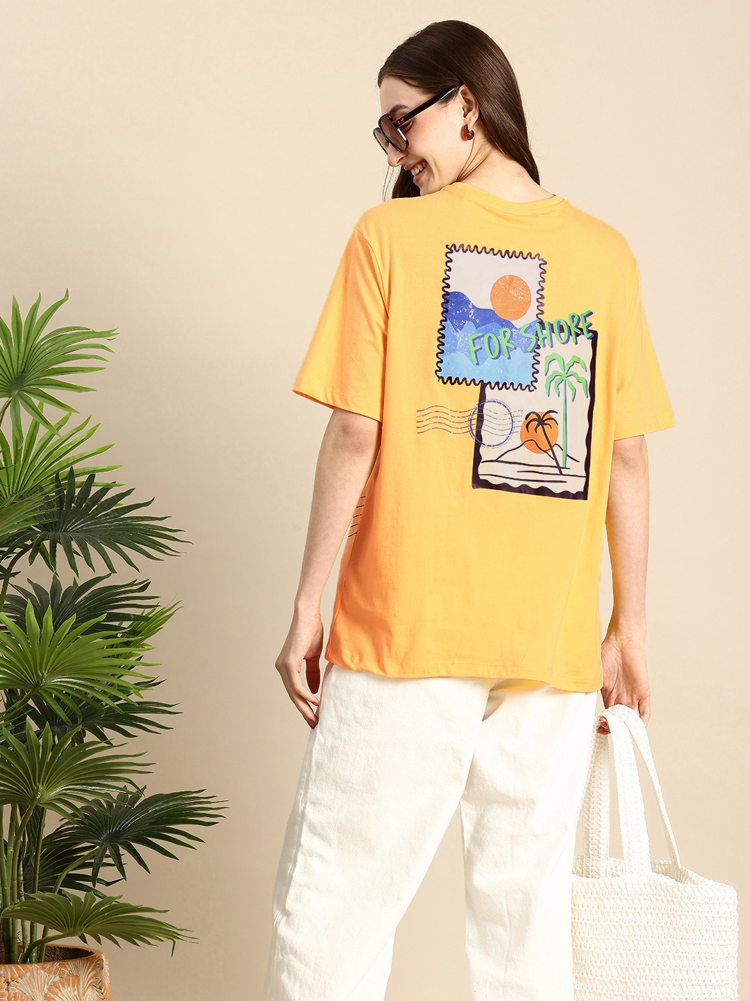

Mast & Harbour Printed Drop-Shoulder Sleeves Pure Cotton T-shirt, Yellow